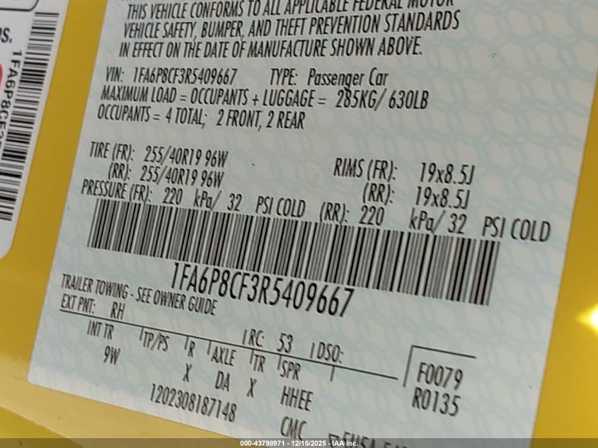 2024 Ford Mustang Gt Premium Fastback VIN: 1FA6P8CF3R5409667 Lot: 43798971