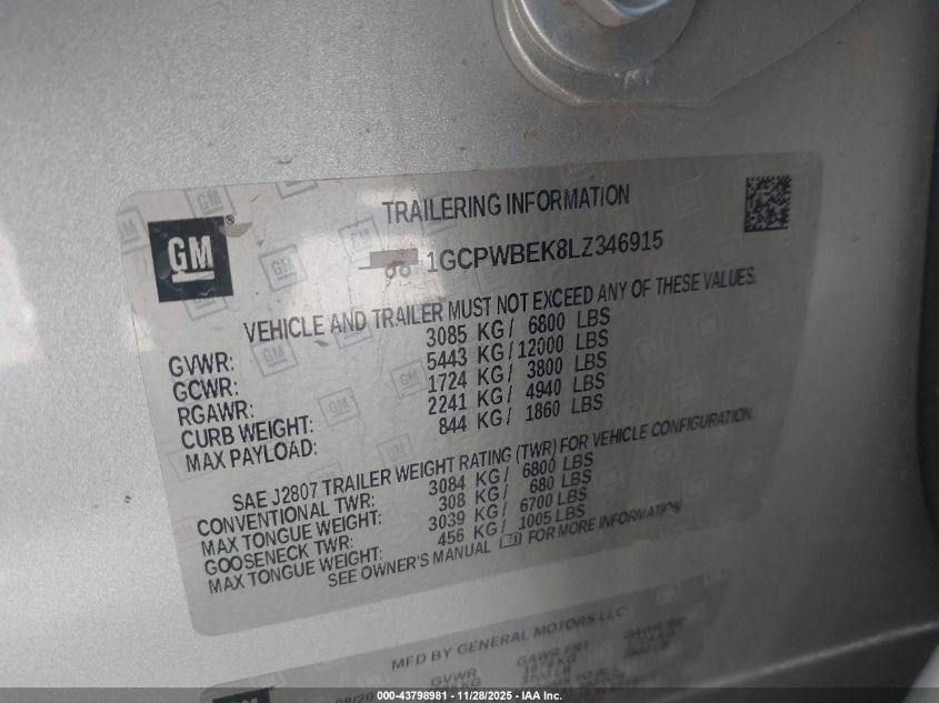 2020 Chevrolet Silverado 1500 2Wd Short Bed Custom VIN: 1GCPWBEK8LZ346915 Lot: 43798981