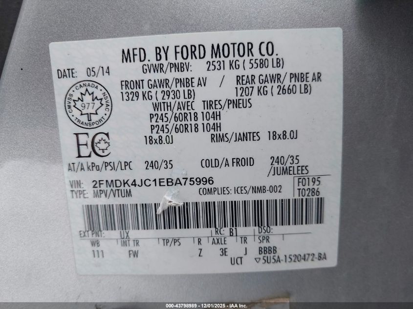 2014 Ford Edge Sel VIN: 2FMDK4JC1EBA75996 Lot: 43798989