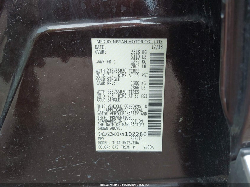 2019 Nissan Murano Sl VIN: 5N1AZ2MJ1KN102286 Lot: 43799010