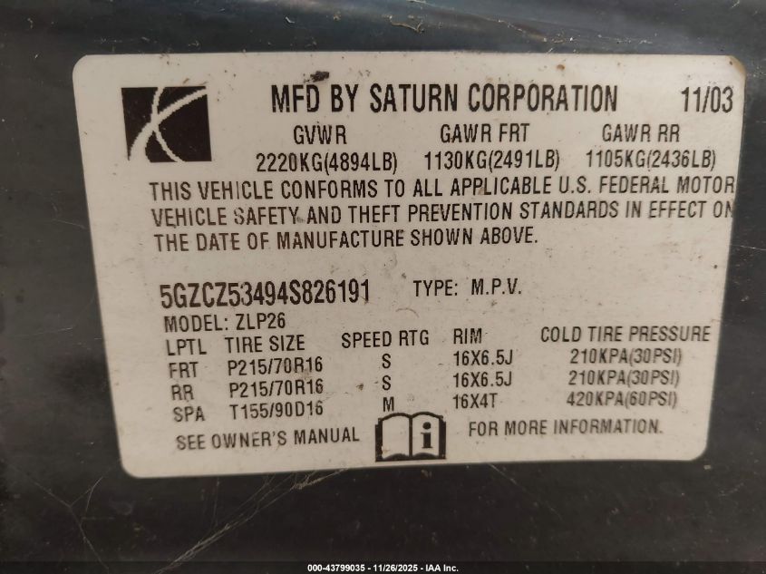 2004 Saturn Vue V6 VIN: 5GZCZ53494S826191 Lot: 43799035