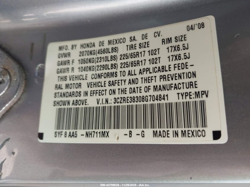 2008 Honda Cr-V Lx VIN: 3CZRE38308G704841 Lot: 43799036