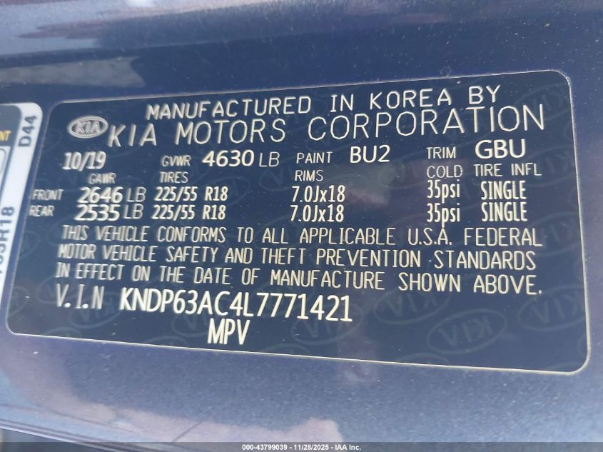 2020 Kia Sportage S VIN: KNDP63AC4L7771421 Lot: 43799039