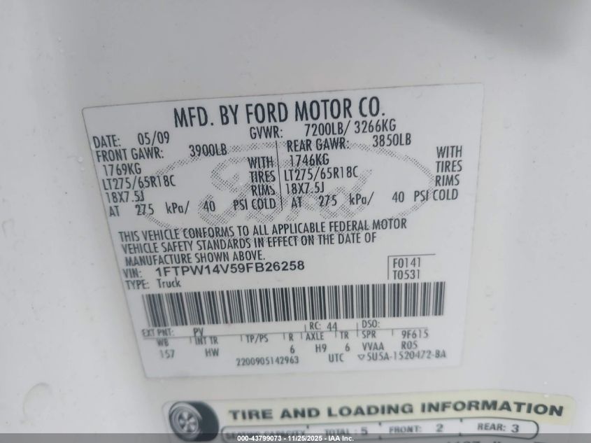 2009 Ford F-150 Fx4/King Ranch/Lariat/Platinum/Xl/Xlt VIN: 1FTPW14V59FB26258 Lot: 43799073