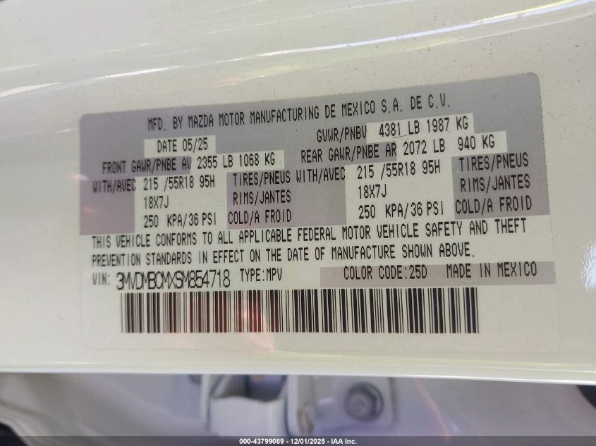 2025 Mazda Cx-30 2.5 S Preferred Package VIN: 3MVDMBCMXSM854718 Lot: 43799089