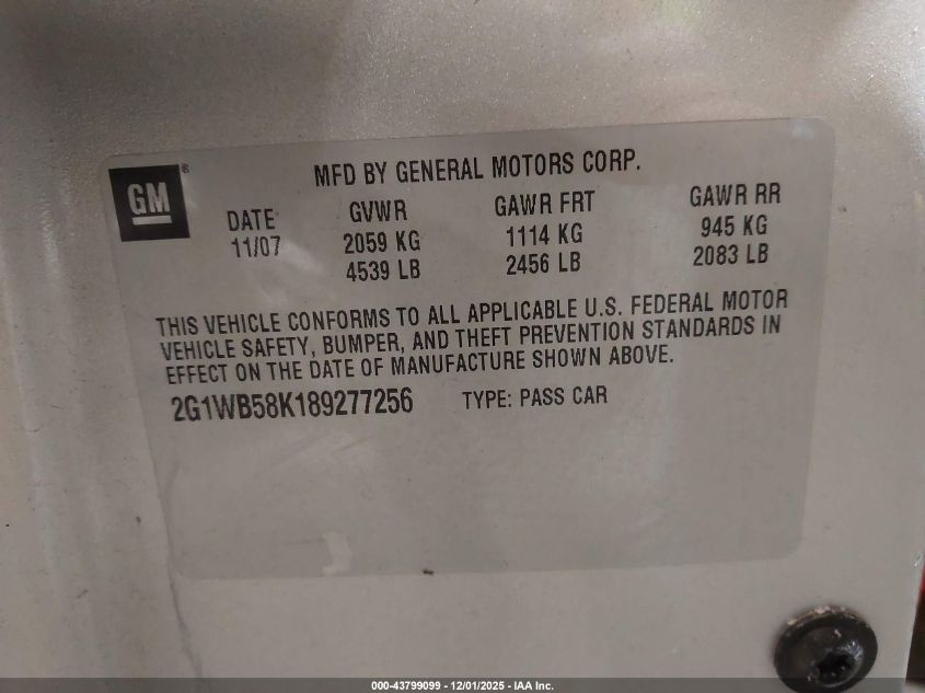 2008 Chevrolet Impala Ls VIN: 2G1WB58K189277256 Lot: 43799099