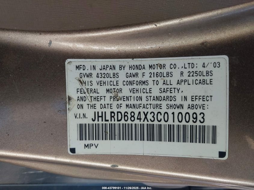 2003 Honda Cr-V Lx VIN: JHLRD684X3C010093 Lot: 43799101
