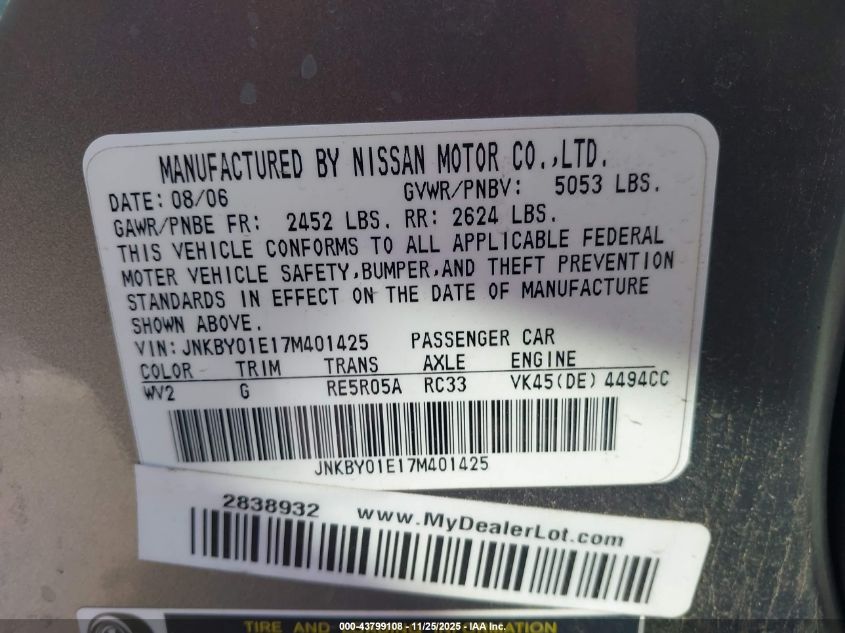 2007 Infiniti M45 Sport VIN: JNKBY01E17M401425 Lot: 43799108