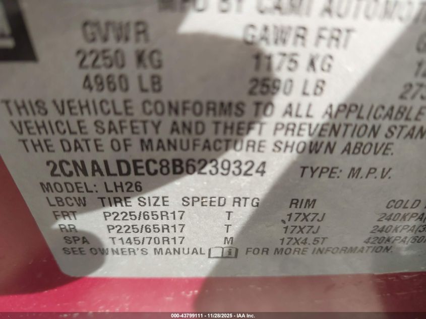 2011 Chevrolet Equinox 1Lt VIN: 2CNALDEC8B6239324 Lot: 43799111