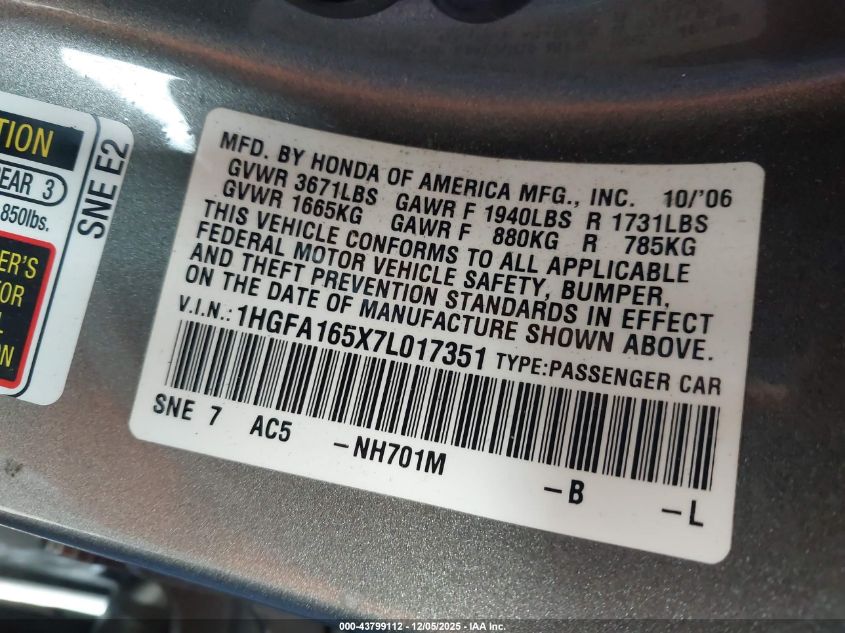 2007 Honda Civic Lx VIN: 1HGFA165X7L017351 Lot: 43799112