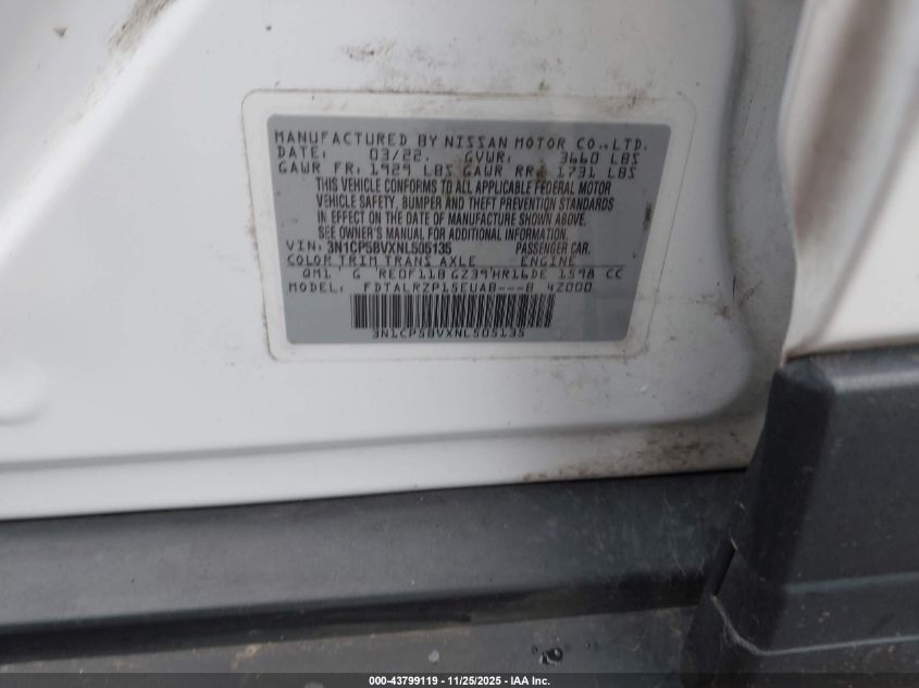 2022 Nissan Kicks S VIN: 3N1CP5BVXNL505135 Lot: 43799119