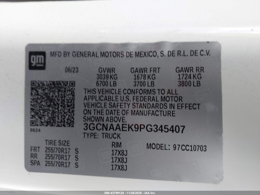 2023 Chevrolet Silverado 1500 2Wd Standard Bed Wt VIN: 3GCNAAEK9PG345407 Lot: 43799124