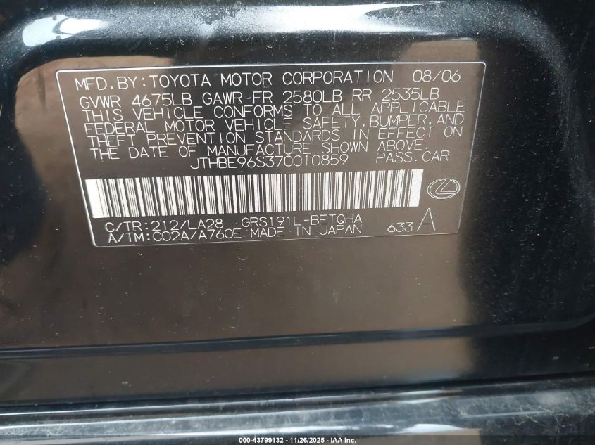 2007 Lexus Gs 350 VIN: JTHBE96S370010859 Lot: 43799132