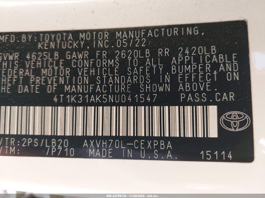 2022 Toyota Camry Xse Hybrid VIN: 4T1K31AK5NU041547 Lot: 43799138