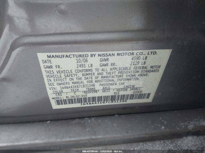 2007 Nissan Maxima 3.5 Sl VIN: 1N4BA41E67C831346 Lot: 43799140