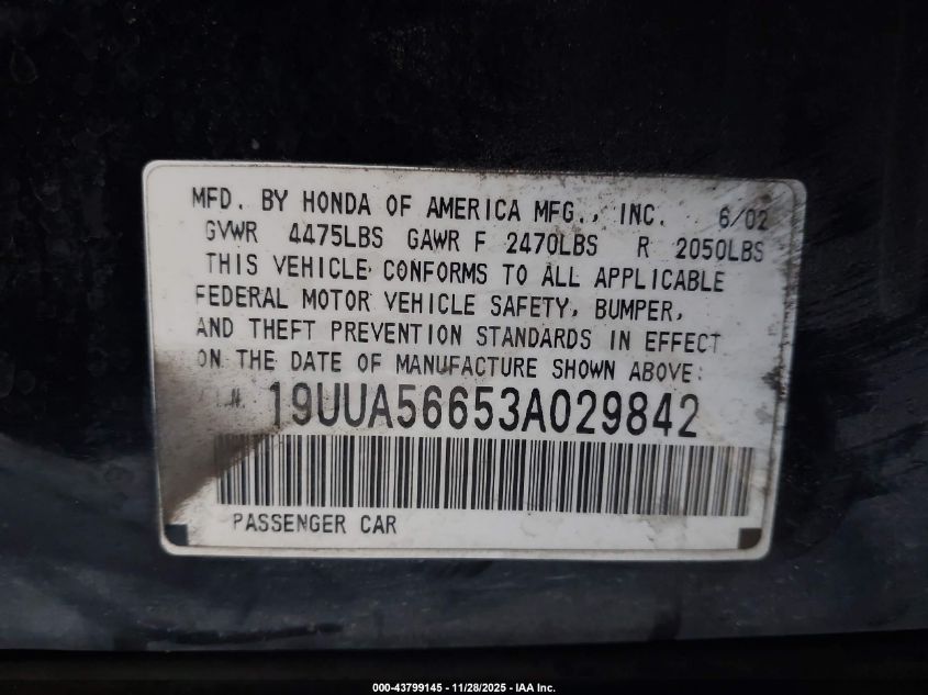 2003 Acura Tl 3.2 VIN: 19UUA56653A029842 Lot: 43799145