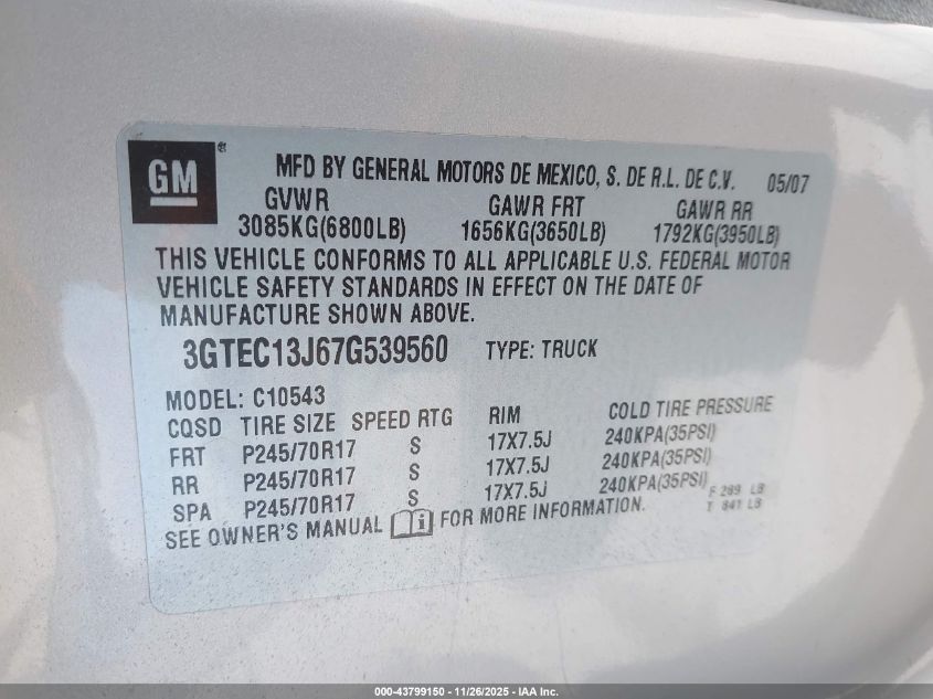 2007 GMC Sierra 1500 Sle2 VIN: 3GTEC13J67G539560 Lot: 43799150
