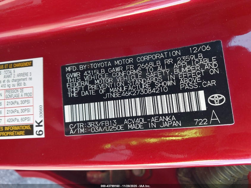 2007 Toyota Camry Ce/Le/Se/Xle VIN: JTNBE46K273084210 Lot: 43799160