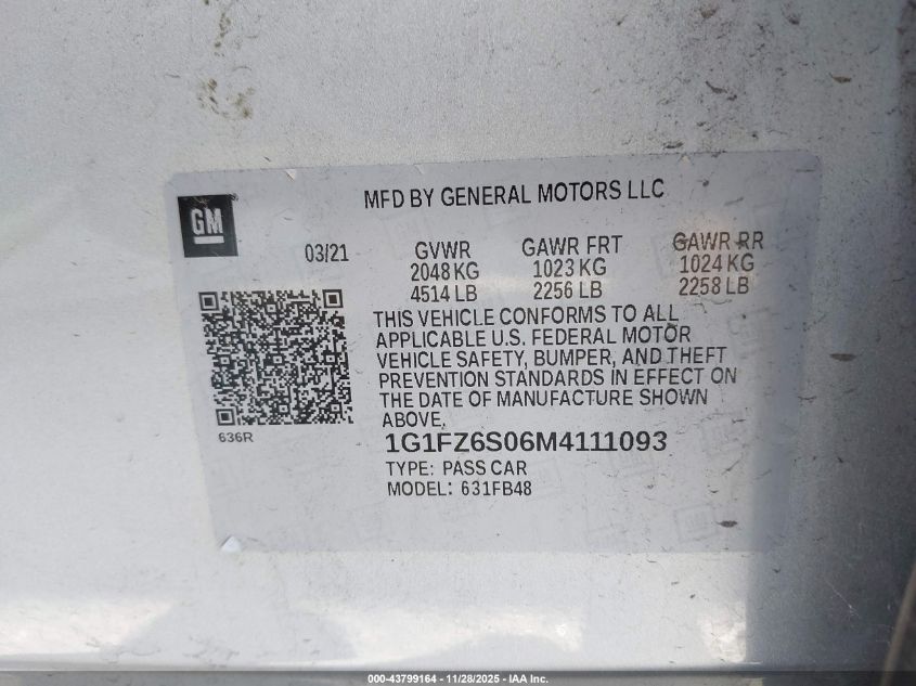 2021 Chevrolet Bolt Ev Fwd Premier VIN: 1G1FZ6S06M4111093 Lot: 43799164