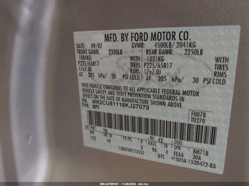 2008 Mercury Mariner V6 VIN: 4M2CU81118KJ27079 Lot: 43799167