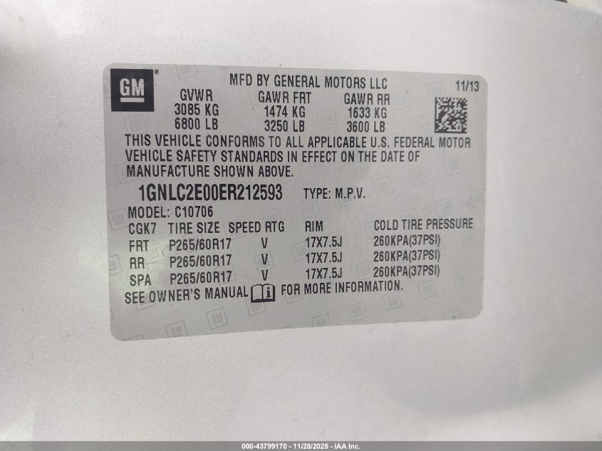 2014 Chevrolet Tahoe Commercial Fleet VIN: 1GNLC2E00ER212593 Lot: 43799170