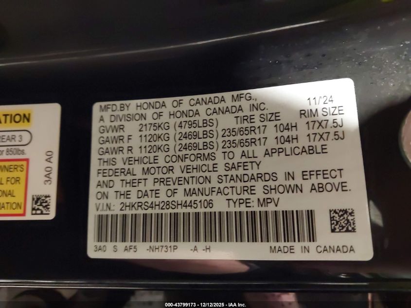 2025 Honda Cr-V Lx Awd VIN: 2HKRS4H28SH445106 Lot: 43799173