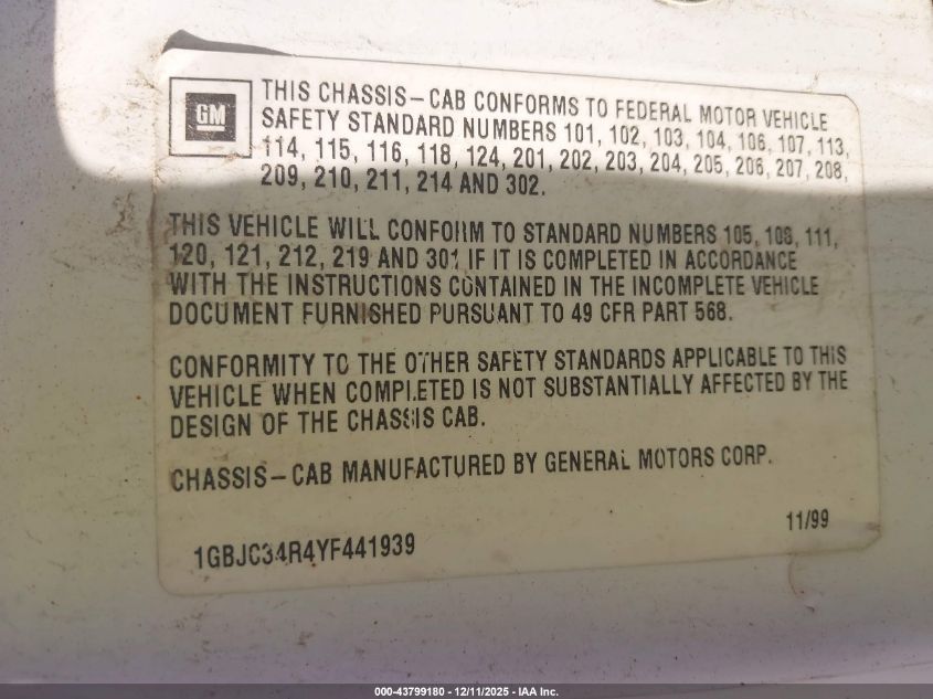 2000 Chevrolet C3500 Chassis VIN: 1GBJC34R4YF441939 Lot: 43799180