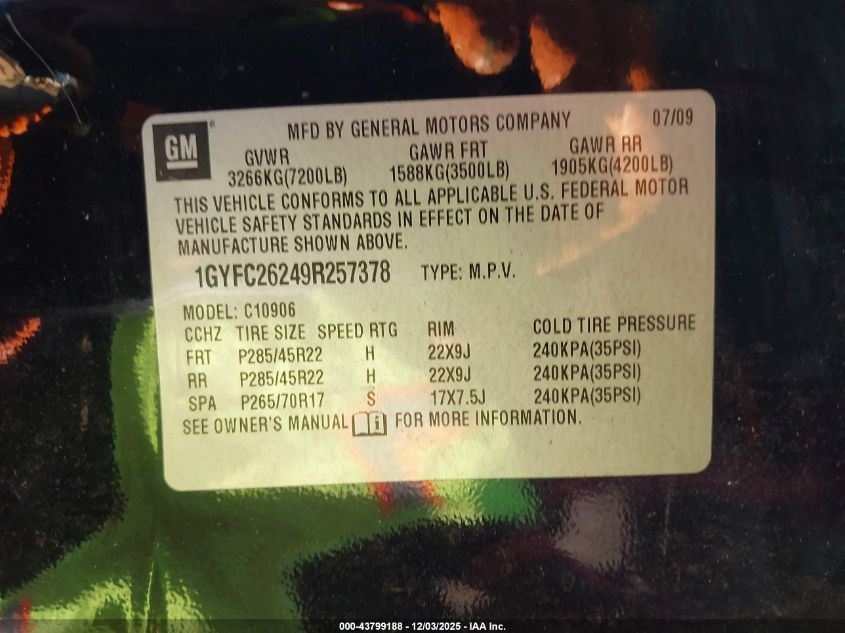 2009 Cadillac Escalade Esv Standard VIN: 1GYFC26249R257378 Lot: 43799188