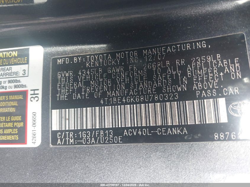 2008 Toyota Camry Le VIN: 4T1BE46K68U780323 Lot: 43799197