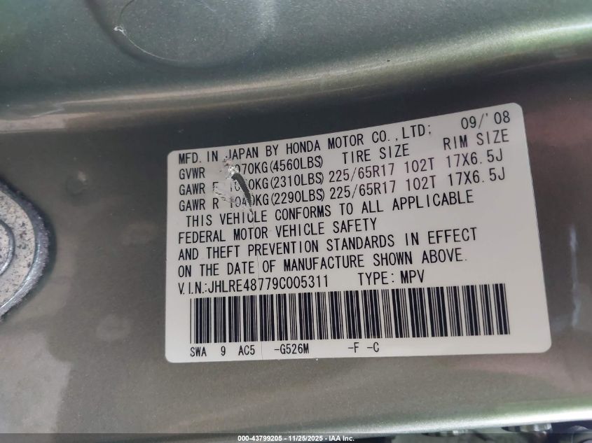 2009 Honda Cr-V Ex-L VIN: JHLRE48779C005311 Lot: 43799205