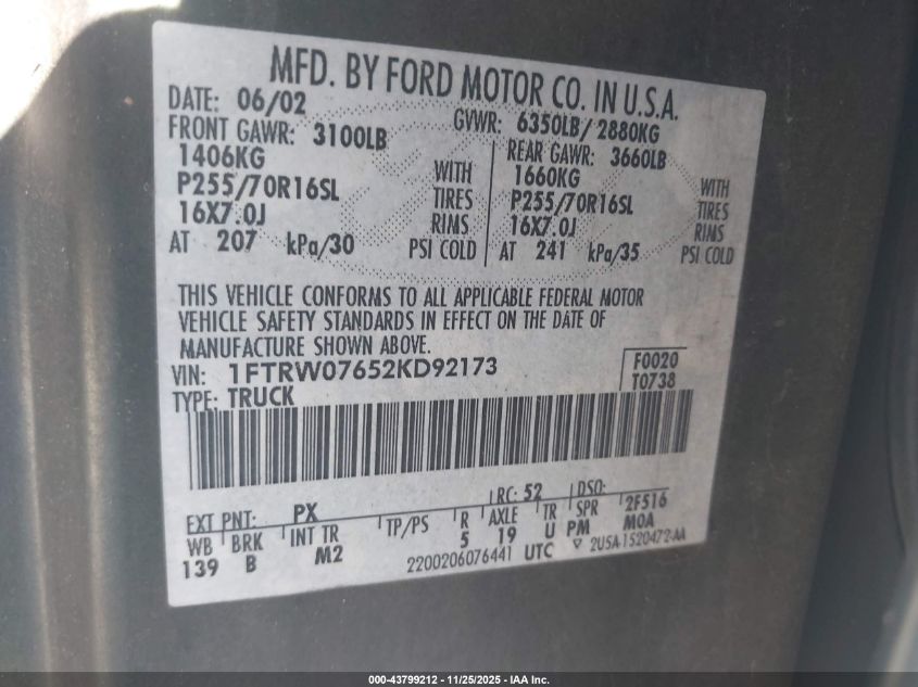 2002 Ford F-150 Lariat/Xlt VIN: 1FTRW07652KD92173 Lot: 43799212