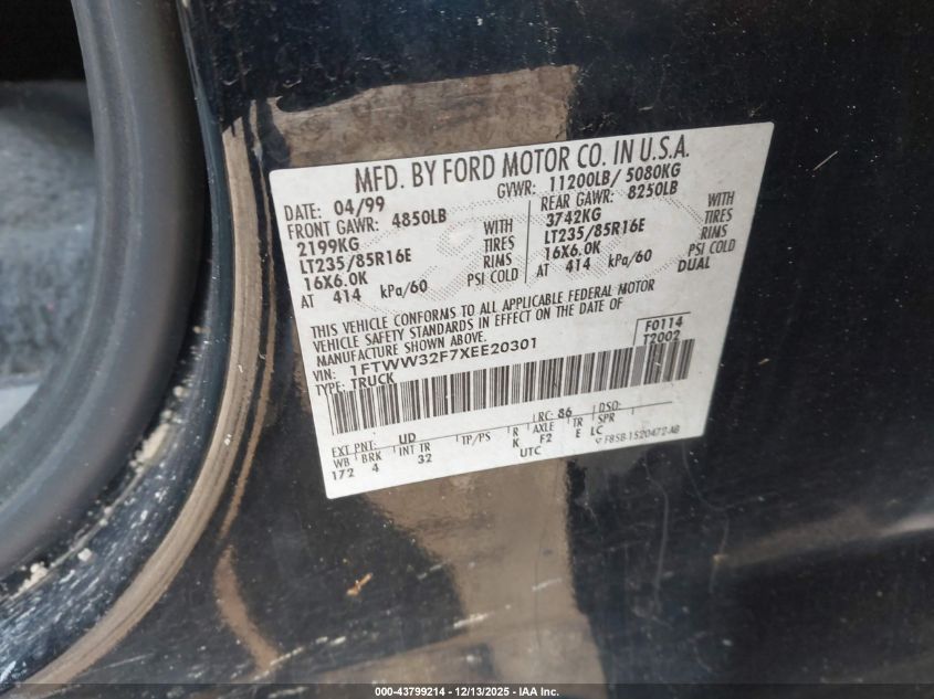 1999 Ford F-350 Lariat/Xl/Xlt VIN: 1FTWW32F7XEE20301 Lot: 43799214