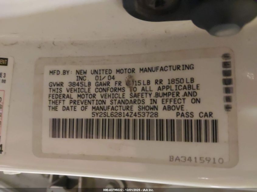 2004 Pontiac Vibe VIN: 5Y2SL62814Z453728 Lot: 43799222