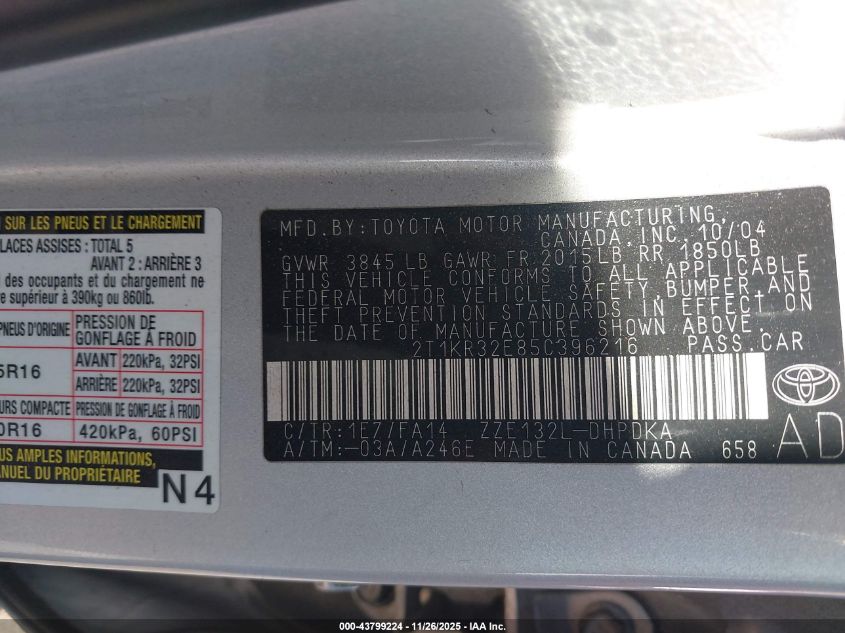 2005 Toyota Matrix VIN: 2T1KR32E85C396216 Lot: 43799224