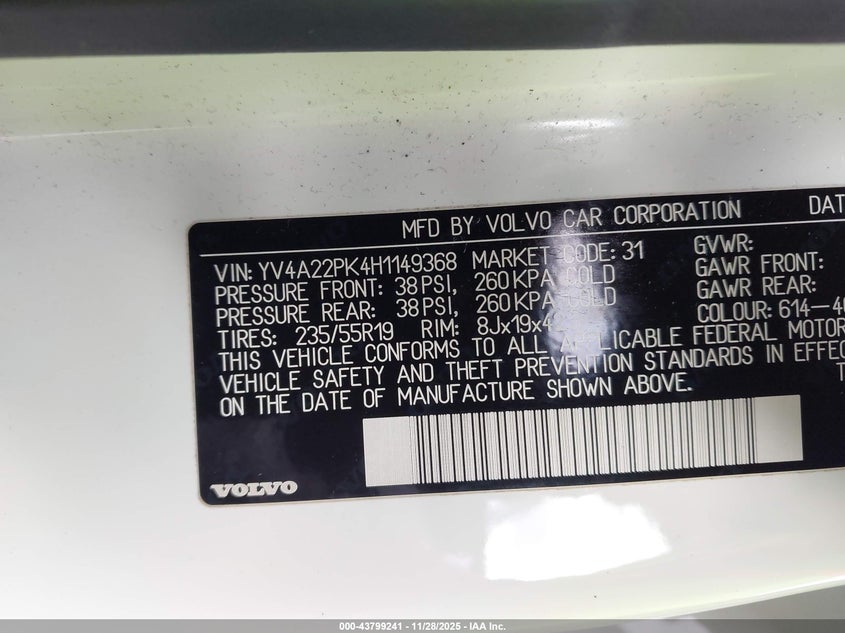 2017 Volvo Xc90 T6 Momentum VIN: YV4A22PK4H1149368 Lot: 43799241