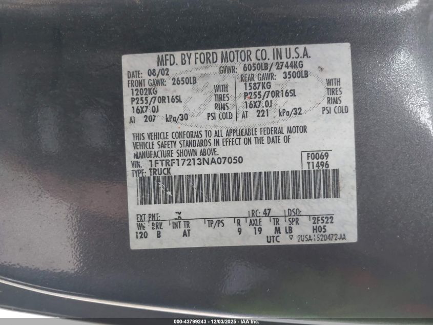 2003 Ford F-150 Xl/Xlt VIN: 1FTRF17213NA07050 Lot: 43799243