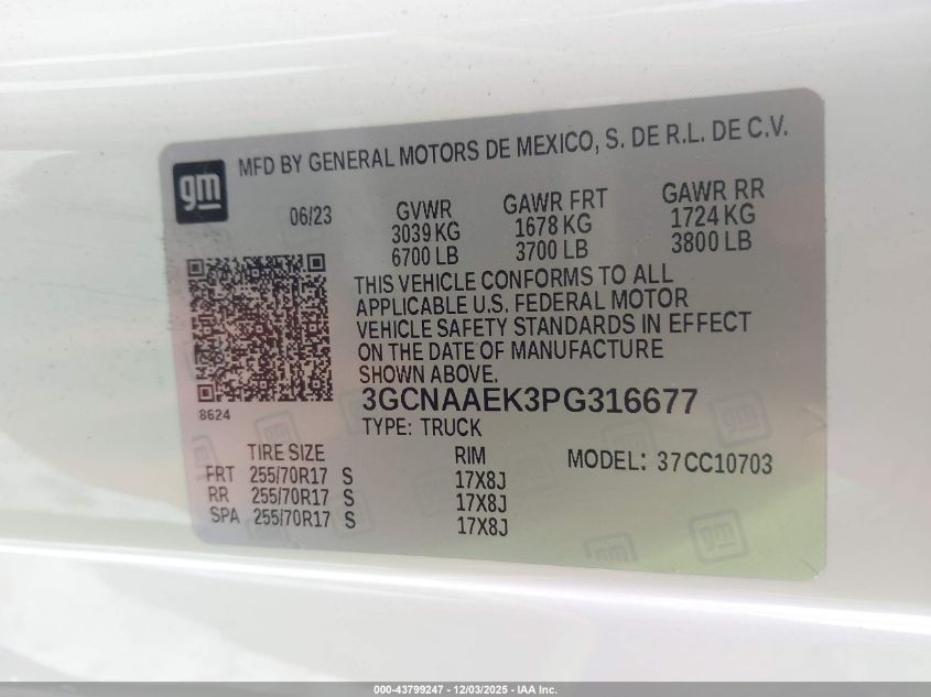 2023 Chevrolet Silverado 1500 2Wd Standard Bed Wt VIN: 3GCNAAEK3PG316677 Lot: 43799247