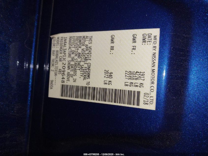 2018 Nissan Altima 2.5 Sr VIN: 1N4AL3AP1JC209648 Lot: 43799255