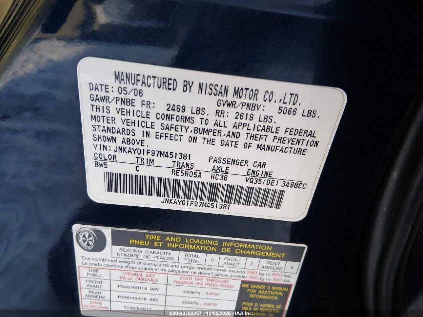 2007 Infiniti M35X VIN: JNKAY01F97M451381 Lot: 43799257