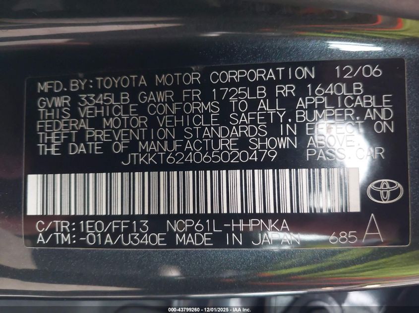 2006 Scion Xa VIN: JTKKT624065020479 Lot: 43799260