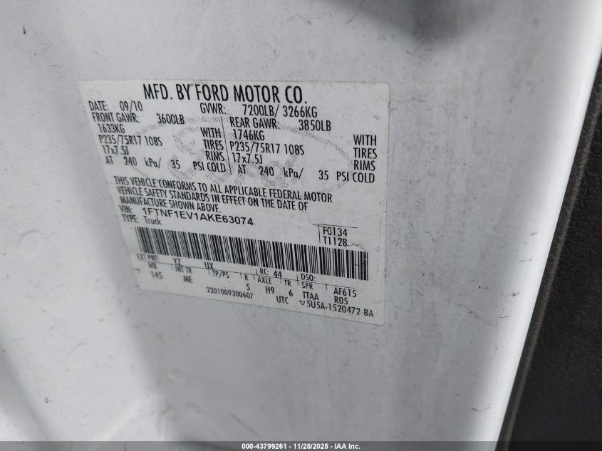 2010 Ford F-150 Xl/Xlt VIN: 1FTNF1EV1AKE63074 Lot: 43799261