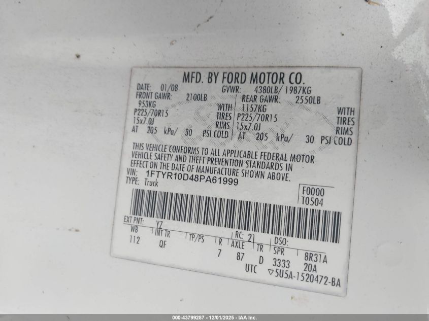 2008 Ford Ranger Xl/Xlt VIN: 1FTYR10D48PA61999 Lot: 43799287