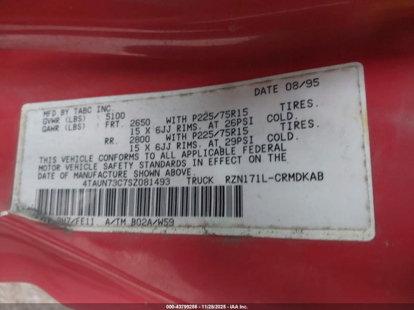 1995 Toyota Tacoma Xtracab VIN: 4TAUN73C7SZ081493 Lot: 43799286