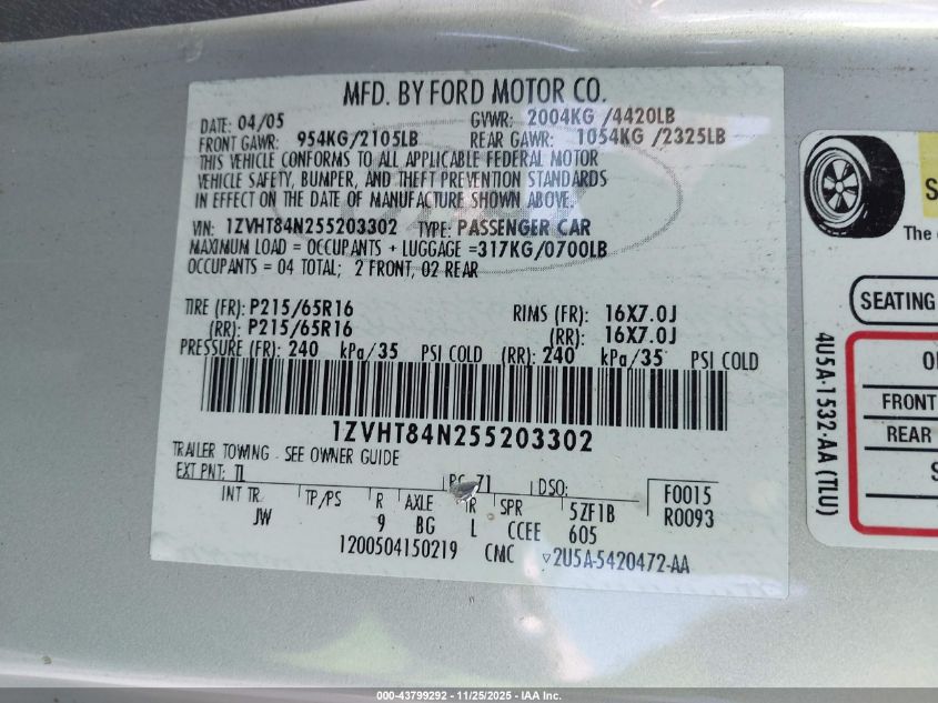 2005 Ford Mustang VIN: 1ZVHT84N255203302 Lot: 43799292