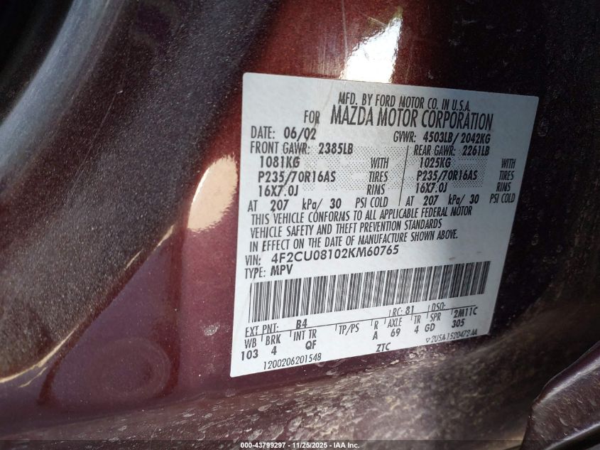 2002 Mazda Tribute Es V6/Lx V6 VIN: 4F2CU08102KM60765 Lot: 43799297