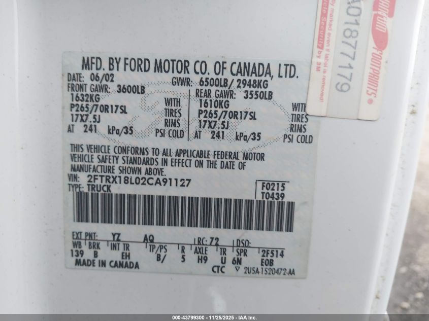 2002 Ford F-150 Lariat/Xl/Xlt VIN: 2FTRX18L02CA91127 Lot: 43799300