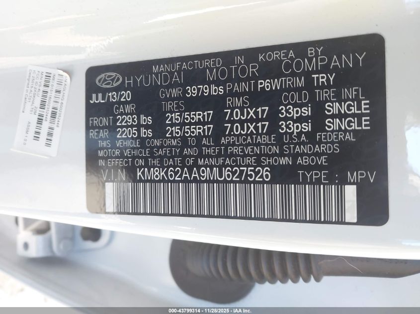 2021 Hyundai Kona Sel Plus VIN: KM8K62AA9MU627526 Lot: 43799314