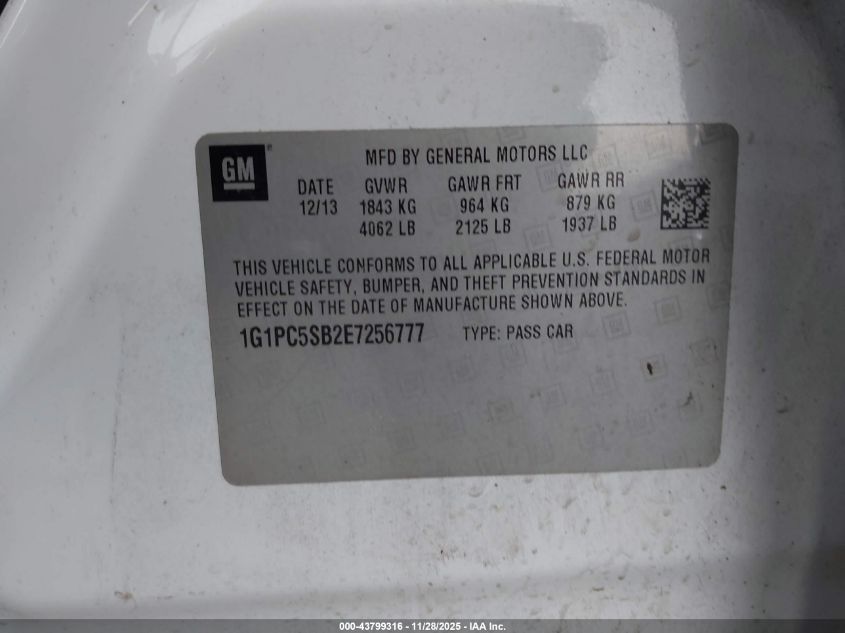 2014 Chevrolet Cruze 1Lt Auto VIN: 1G1PC5SB2E7256777 Lot: 43799316