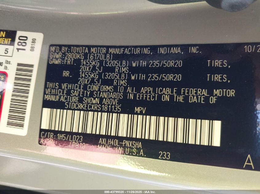 2024 Toyota Sienna Xse VIN: 5TDCRKECXRS181135 Lot: 43799320