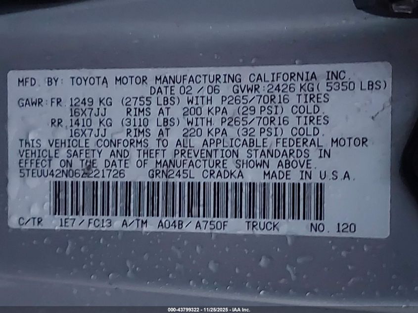2006 Toyota Tacoma Base V6 VIN: 5TEUU42N06Z221726 Lot: 43799322